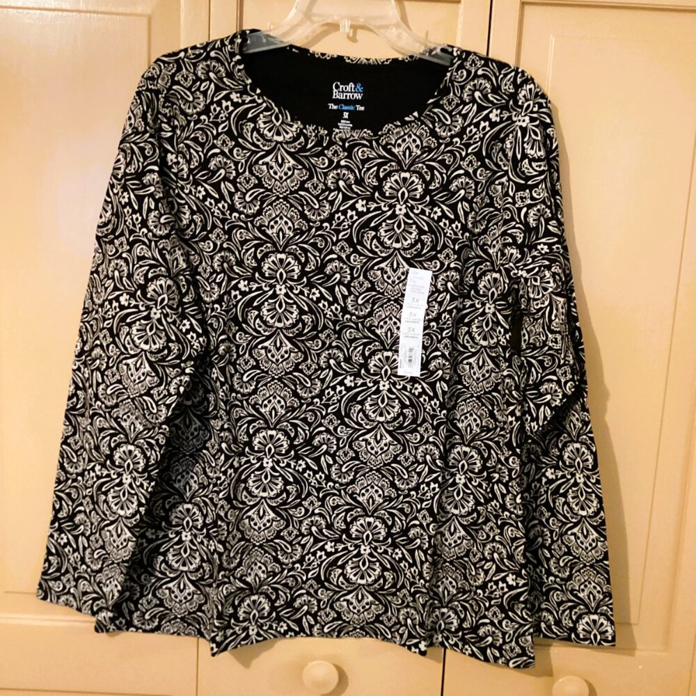 Croft & Barrow Black & Gray Long Sleeve  Print Top. Size 3X